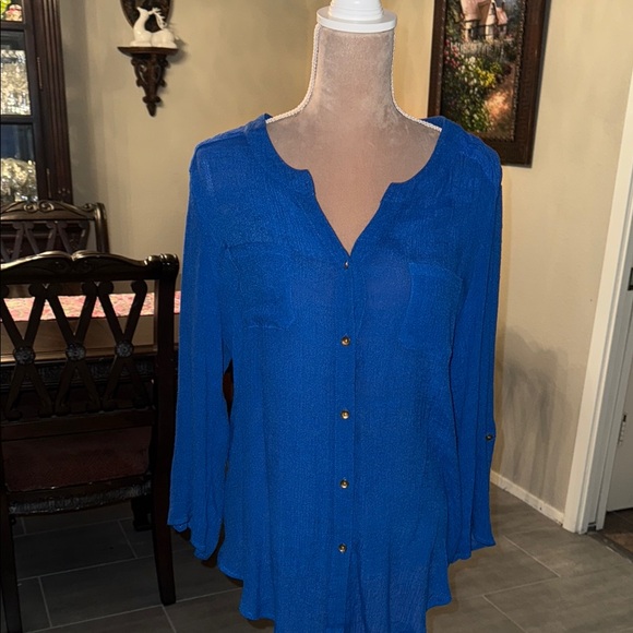 I.N. Studio Blue Bell Sleeve Button Down Shirt - Picture 1 of 4